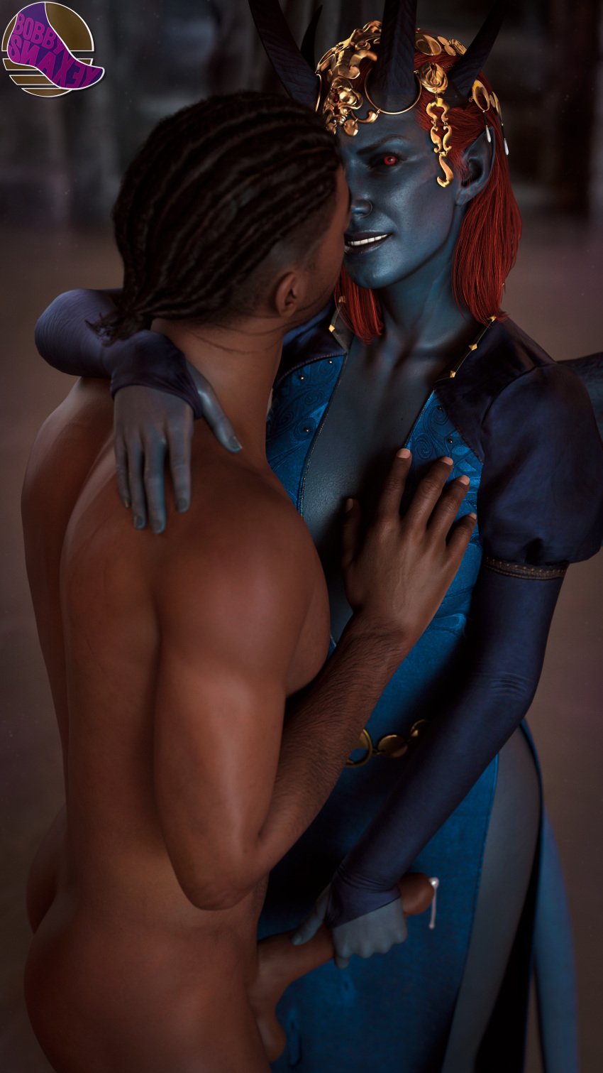 3d 3d_(artwork) 3d_model baldur's_gate baldur's_gate_3 black_hair bobbysnaxey clothed_female_nude_male cornrows cum dark-skinned_male dark_skin dungeons_and_dragons evil_smirk female/male forgotten_realms interspecies interspecies_relationship interspecies_sex leaking leaking_cum male/female melanin mizora red_eyes red_hair wyll_ravengard