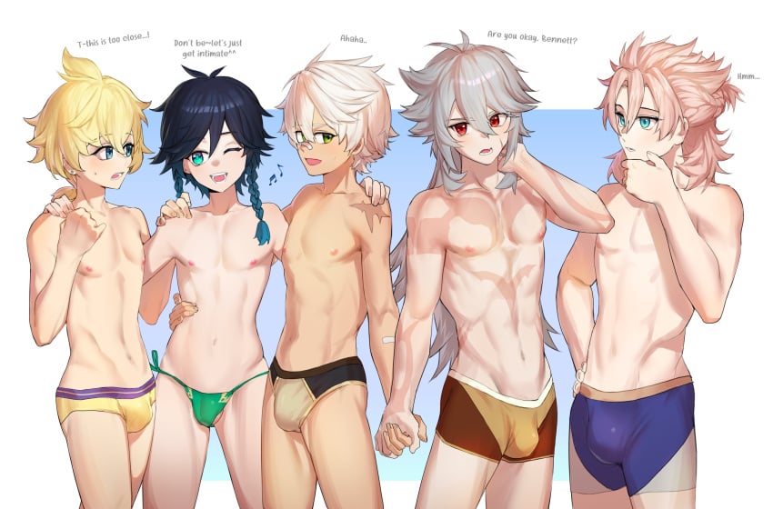 albedo_(genshin_impact) bana_gameg bennett_(genshin_impact) bulge male_focus male_only mika_(genshin_impact) multiple_boys razor_(genshin_impact) underwear venti_(genshin_impact)