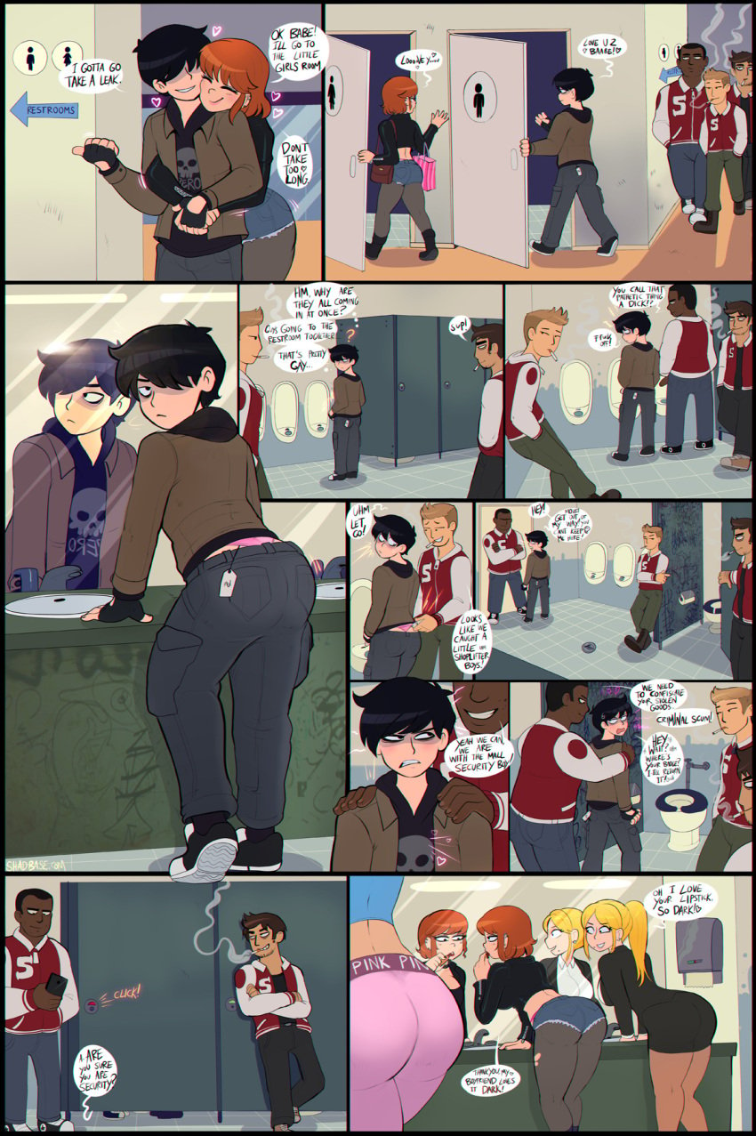 androgynous ass biting_lip black_eyes black_hair blush brandon_(shadman) bulge comic crossdressing female femboy girly heartbeat imminent_rape lingerie male mole mole_under_mouth original panties public_restroom rape restroom shadman small_penis small_penis_humiliation speech_bubble text trap yaoi