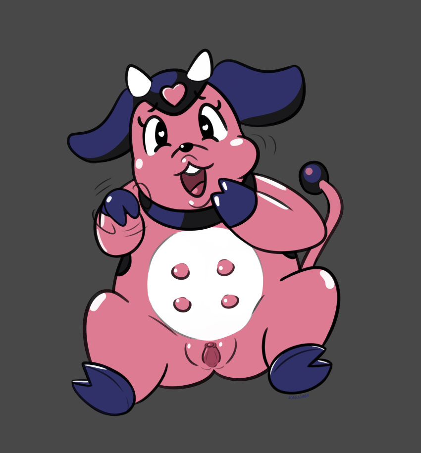 1girls :3 big_belly black_eyes bovine chubby feet female female_only furry handjob_gesture heart-shaped_pupils hooves horns implied_handjob miltank nude pink_fur pokemon pokemon_gsc pussy scaboomba sitting tail thick_thighs udders wide_hips