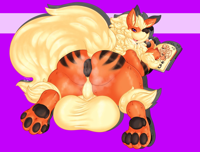 1boy 4_toes anus arcanine arcy_the_arcanine ass back big_anus big_testicles black_fur book canine darkmagician1212 feet feral half-closed_eyes huge_ass huge_testicles hyper hyper_testicles looking_at_viewer looking_back male male_only musk nintendo nude orange_fur original_character pawpads paws pokemon pokemon_(species) pokemon_rgby puffy_anus purple_background purple_eyes reading smell smile solo testicles text thick_thighs video_games watermark white_fur wide_hips