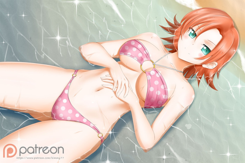 aqua_eyes bare_arms bare_legs bare_shoulders beach bikini blush breasts closed_mouth collarbone female female_only from_above hands_together kimmy77 large_breasts legs looking_at_viewer lying midriff navel neck nora_valkyrie o-ring o-ring_bikini o-ring_bottom o-ring_swimsuit o-ring_top on_back orange_hair outdoors pink_bikini pink_swimsuit polka_dot polka_dot_bikini polka_dot_swimsuit rwby sand short_hair smile solo swimsuit underboob water wet wet_hair