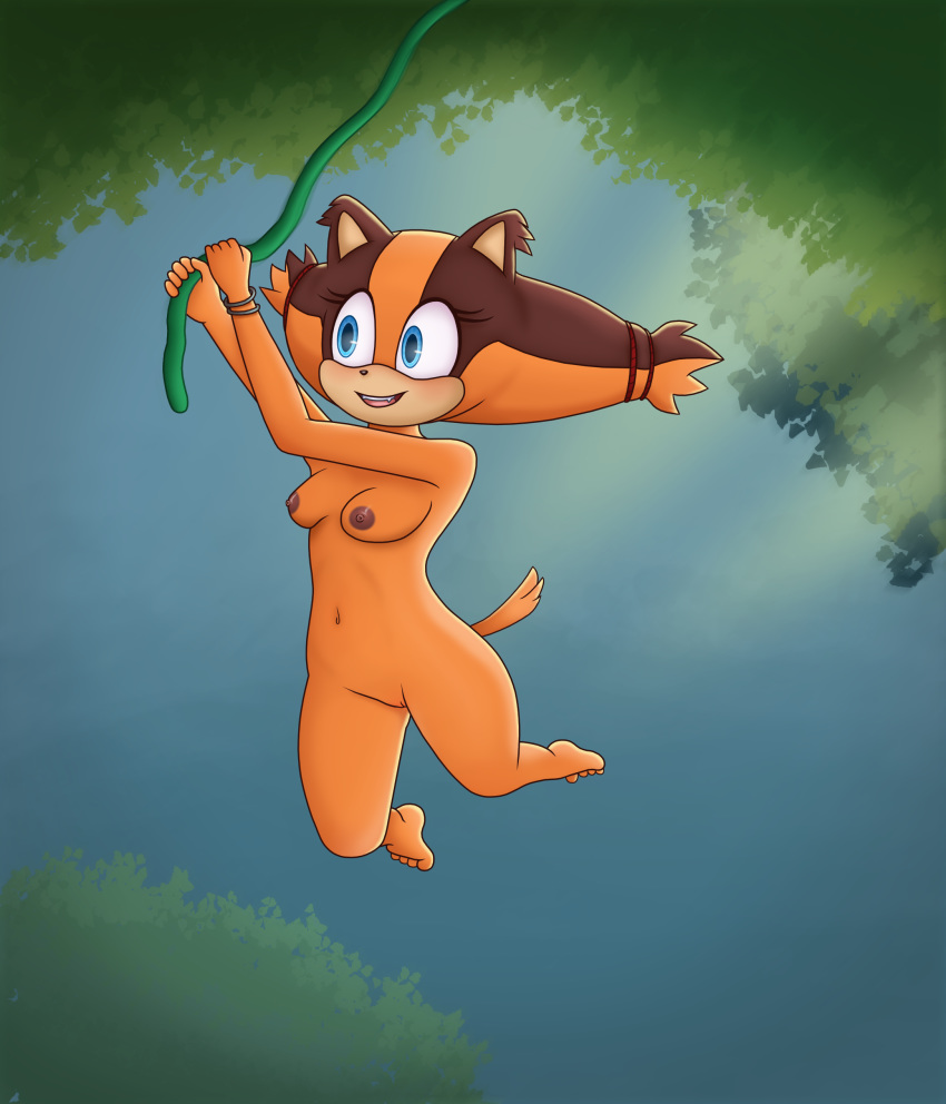 2019 anthro ass badger blue_eyes blush bracelet breasts brown_fur cute_fangs day es74 eyelashes female fur hi_res jewelry jungle mammal mustelid musteline nipples nude open_mouth orange_fur outside plant pussy sky smile solo sonic_(series) sonic_boom sticks_the_badger sticks_the_jungle_badger sticks_the_tejon sunlight teeth tongue tree video_games vines