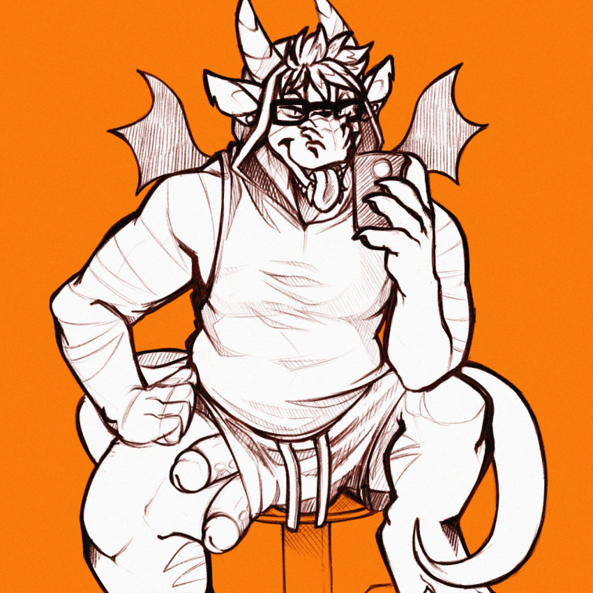 1boy anthro clothed clothing diphallia diphallism dominate_(artist) dragon eyewear glasses horn humanoid_penis male male_only multi_penis muscular muscular_male penis penis_through_leghole phone poking_out smile solo tongue tongue_out