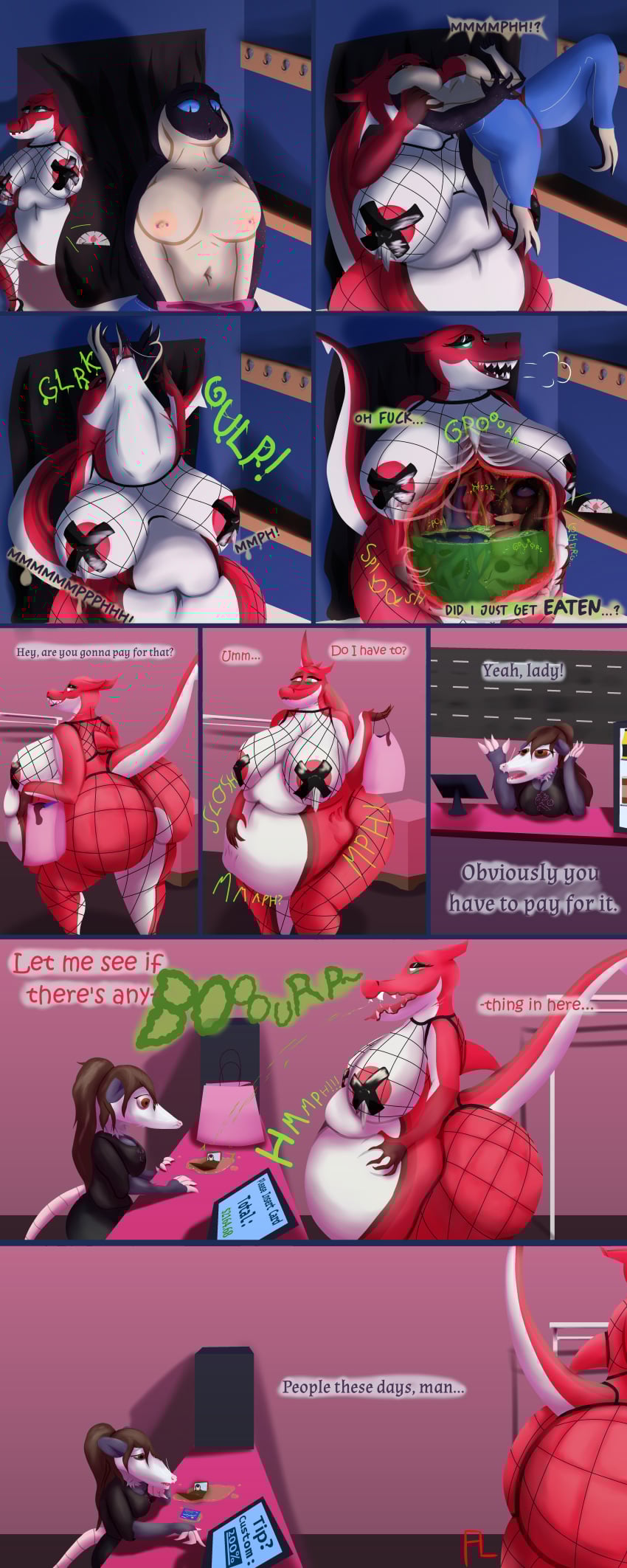 absurd_res acid_spouts akai_(flightlesslizard) american_opossum anthro ass big_breasts big_butt bodily_fluids bone breasts bubbling_acid burping burping_up_object clothing cobra color_coded_text dissolving_clothing english_text female female/female female_prey fish fishnet_clothing fitting_room flightlesslizard fuel_gauge group guts hi_res huge_butt inside_stomach internal intestines mammal marine marsupial meter multicolored_body natural_colors nipple_piercing nipples onomatopoeia organs overweight pasties piercing reptile scalie shark sharp_teeth skull snake sound_effects stomach_acid teeth text trio virginia_opossum vore