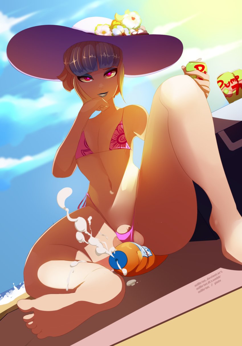 1boy androgynous balls bangs beach bikini blonde_hair bulge cream_(milkriot) drink eyeshadow femboy girly hat heart-shaped_pupils highlights lipstick looking_at_viewer makeup male male_only milkriot ocean original original_character penis penis_in_swimsuit red_eyes small_penis smile smirk soda solo solo_male spread_legs suggestive_fluid thong thong_bikini towel trap wide_hips young