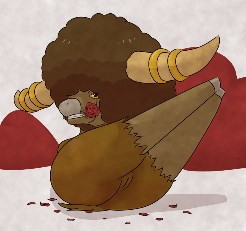 1girls afro anthro anthrofied ass black_eyes bottom_heavy bouffalant brown_fur chubby eye_contact feet female female_only flower flower_in_mouth fur furry furry_only heart hooves horns huge_ass joe123123123 legs_up looking_at_viewer lying mouth_hold nintendo nude on_back petals pillow plant pokémon_(species) pokemon presenting presenting_pussy pussy rose rose_in_mouth simple_background sitting smile solo tail teeth thick_thighs video_games wide_hips yellow_sclera