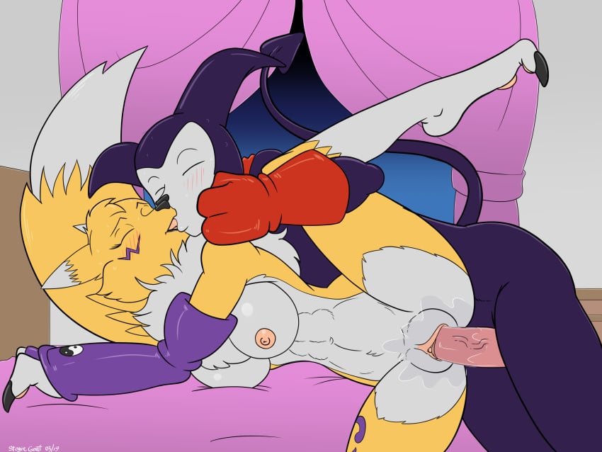 bedroom big_breasts couple digimon digimon_tamers female female_fox fox imp impmon kissing male pairing penis renamon sex stogiegoatarts