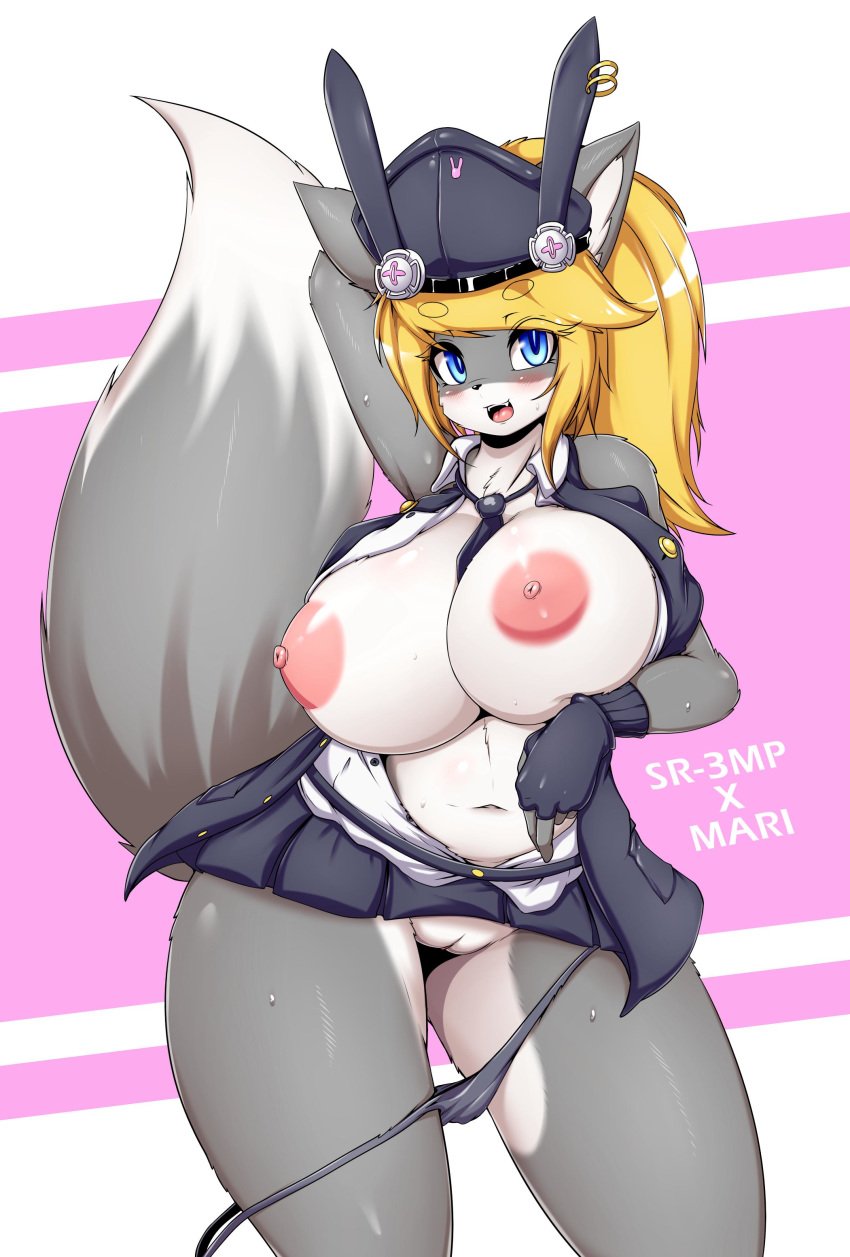 2019 absurd_res anthro areola big_breasts blonde_hair blue_eyes blush breasts canid canine clothed clothing cute_fangs female fluffy fluffy_tail fox fur girls'_frontline hair hat hi_res huge_breasts looking_at_viewer mammal mari_(tailzkim) nipples open_mouth partially_clothed pussy shirt_open smile solo tailzkim