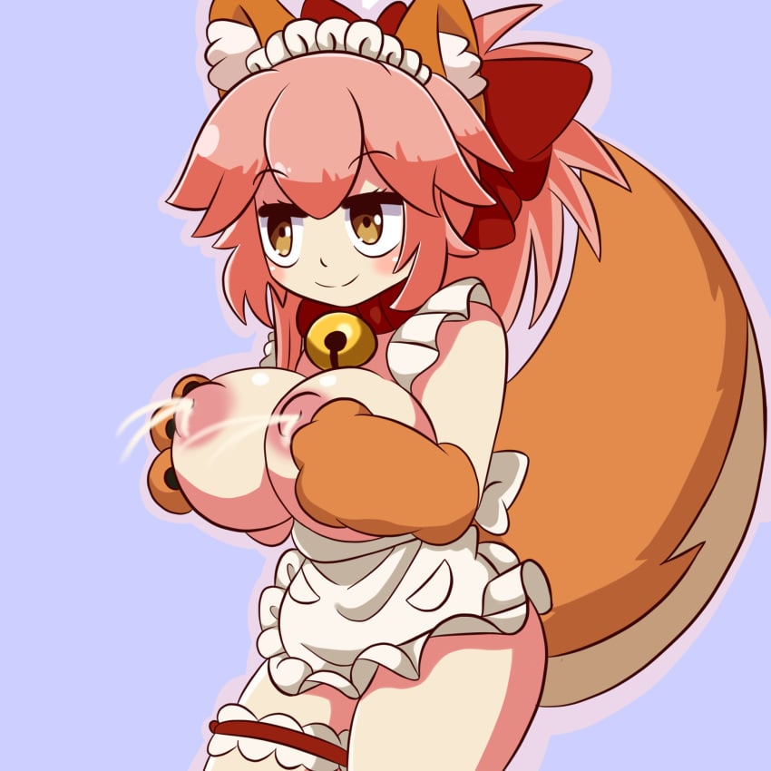 animal_ears animal_paws animal_tail apron big_breasts breast_squeeze fate/grand_order fate_(series) iggy-bomb lactation lactation maid_headdress tamamo_cat thick_thighs