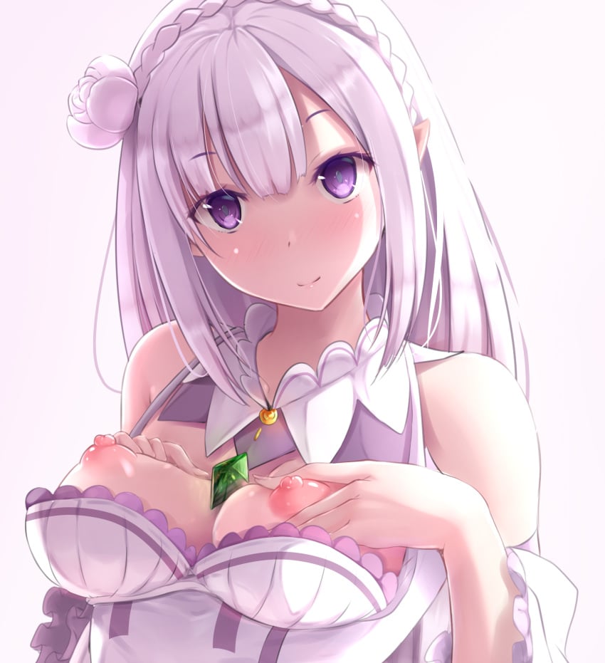 1girls breasts_out dress elf emilia_(re:zero) exposed_breasts female female_only hair_ornament human jewelry long_hair looking_at_viewer nicoby purple_eyes re:zero_kara_hajimeru_isekai_seikatsu solo white_background white_hair