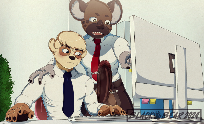 2boys aggressive_retsuko aggretsuko anai_(aggretsuko) anthro blackbear blonde_hair blue_eyes boner brown_eyes brown_fur brown_hair business business_suit computer erection furry haida haida_(aggretsuko) hand_on_shoulder hyena large_penis looking_at_penis male male_focus male_only penis penis_out pointing sanrio tan_fur tie wardrobe_malfunction