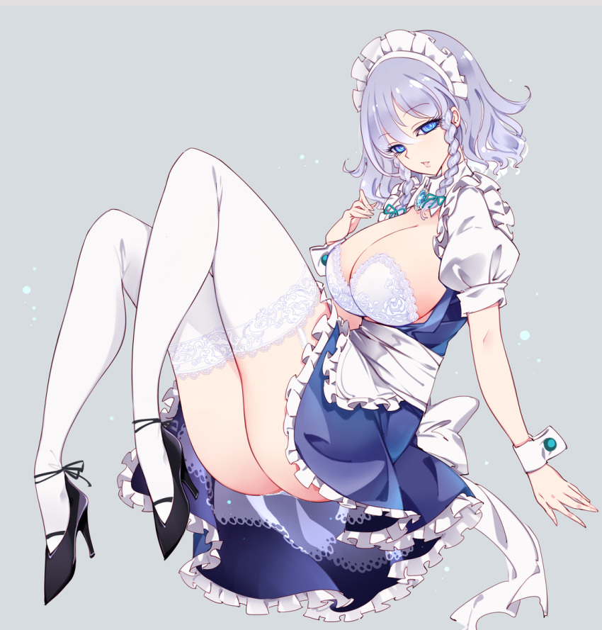 apron ass big_breasts black_footwear blue_dress blue_eyes bra braid breasts cleavage dress dress_down female frilled_apron frilled_dress frills full_body green_ribbons grey_background grey_hair high_heels highres huge_breasts lace-trimmed_bra lace-trimmed_thighhighs maid maid_apron maid_headdress puffy_short_sleeves puffy_sleeves raptor7 sakuya_izayoi short_hair short_sleeves simple_background solo solo_focus thick_thighs thighhighs touhou twin_braids visible_underwear waist_apron white_apron white_bra white_thighhighs