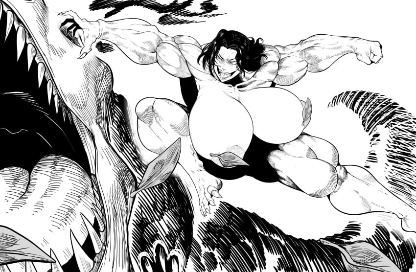 baki baki_the_grappler big_breasts black_and_white breasts breasts_bigger_than_head cavewoman censored censored_nipples dinosaur fangs female fight fighting fist grappler_baki green_(artist) huge_breasts large_breasts leaves leaves_on_breasts muscles muscular muscular_female naked pickle_(baki) punch punching rule_63 t-rex tyrannosaurus_rex