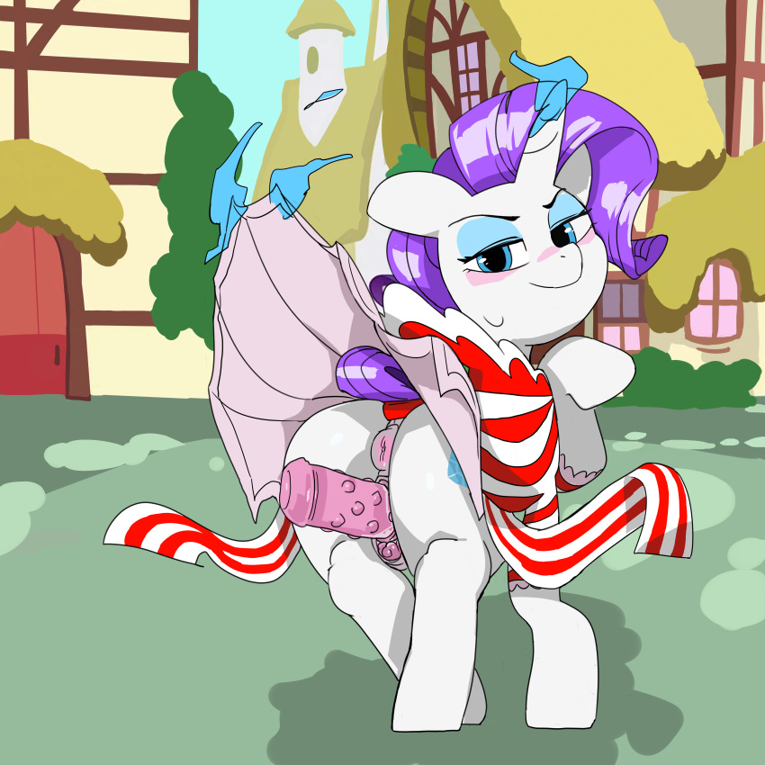 absurd_res anus ass baigak blush clothed clothing dildo dildo_in_pussy dildo_insertion eyelashes female feral friendship_is_magic genitals hasbro hi_res looking_at_viewer looking_back masturbation my_little_pony penetration pupils pussy rarity_(mlp) sex_toy sex_toy_in_pussy sex_toy_insertion smile solo thick_thighs vaginal_penetration