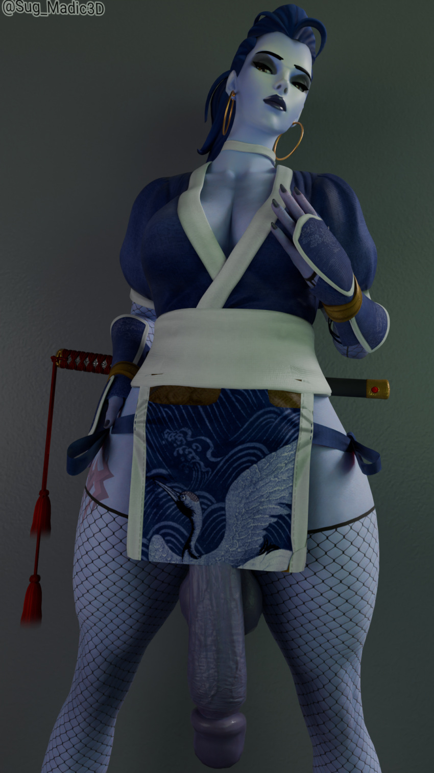 3d big_balls big_penis dead_or_alive dead_or_alive_5 flaccid flaccid_penis futa_only futanari hung_futanari kimono overwatch overwatch_2 solo_futa sug_madic3d widowmaker