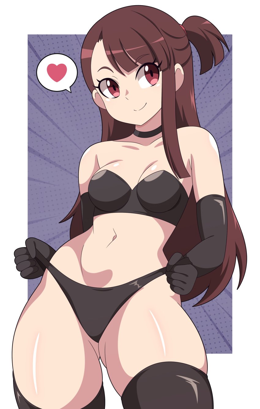 1girls abysswatchers akko_kagari armwear bikini bikini_bottom bikini_top black_bikini black_gloves black_thighhighs bottomwear breasts brown_hair elbow_gloves female female_only gloves hair hips legwear little_witch_academia long_hair medium_breasts red_eyes smile solo solo_female speech_bubble spoken_heart thick_thighs thighhighs thighs topwear