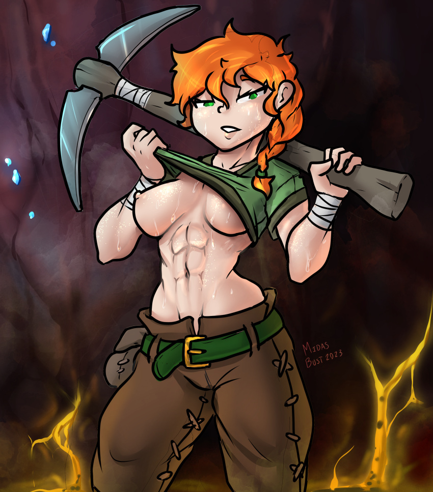 1girls abs alex_(minecraft) bandage big_breasts braid braided_hair clothing exposed_breasts female ginger ginger_hair green_eyes midas-bust minecraft muscular muscular_female orange_hair pickaxe red_hair shirt_up signature solo sweat tagme thick_thighs