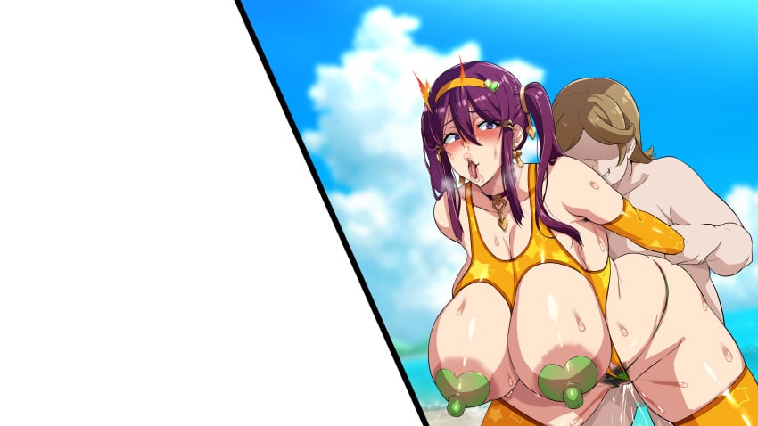 1boy 1girls ahe_gao bakunyuu_party belly_button big_breasts boob_window breasts brown_hair choker crotchless crotchless_panties eyeless_male fat_man female female_focus female_pubic_hair fucked_from_behind grabbing_arm high_heels highres huge_breasts human implied_penetration long_hair male mature_female milf mullet_(hairstyle) naughty_face nipples nipples_visible_through_clothing penis_earrings pubic_hair purple_hair pussy_juice slut slutty_outfit straight sweat takeda_hiromitsu terena_(bakunyuu_party) thick_thighs tongue tongue_out