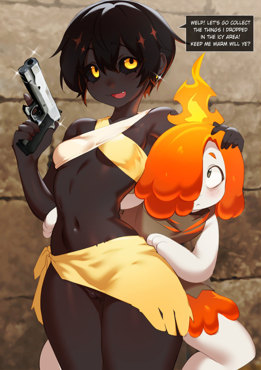 2girls ass big_ass big_thighs black_body black_hair black_skin blush breasts cute dialogue dialogue_box female female_only fire flambelle gun holding_gun human looking_at_partner multiple_girls niniidawns orange_hair pal_(species) pal_tamer palworld pussy short_hair small_breasts text thick_hips thick_thighs thighs white_body white_skin yellow_eyes