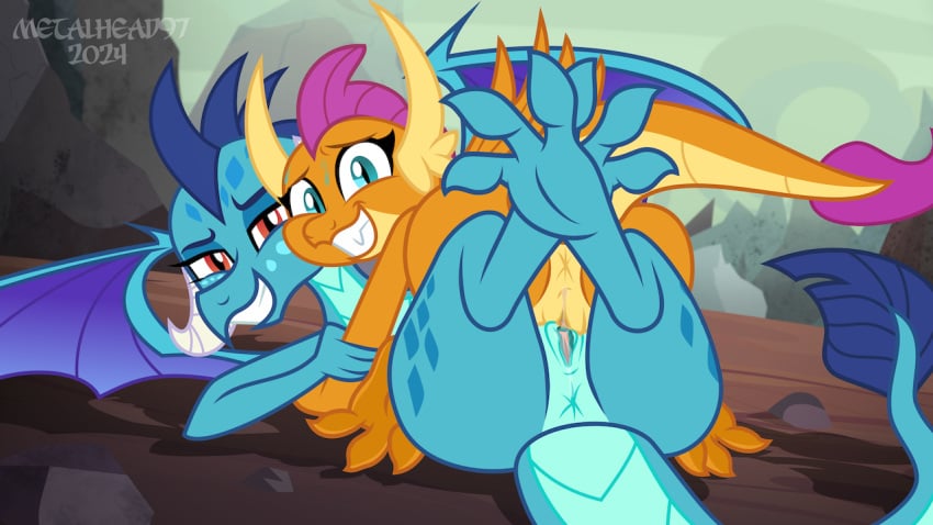 2024 3_toes accurate_art_style anthro anus artist_logo ass blue_body bodily_fluids day detailed_background dragon duo feet female female/female friendship_is_magic front_view genitals hasbro horn logo looking_at_viewer lying membrane_(anatomy) membranous_wings metalhead97 my_little_pony on_back on_front on_model orange_body outside presenting presenting_hindquarters princess_ember_(mlp) pussy size_difference smember smile smiling_at_viewer smolder_(mlp) spade_tail sweat sweatdrop tail toes tribadism wasteland wings young