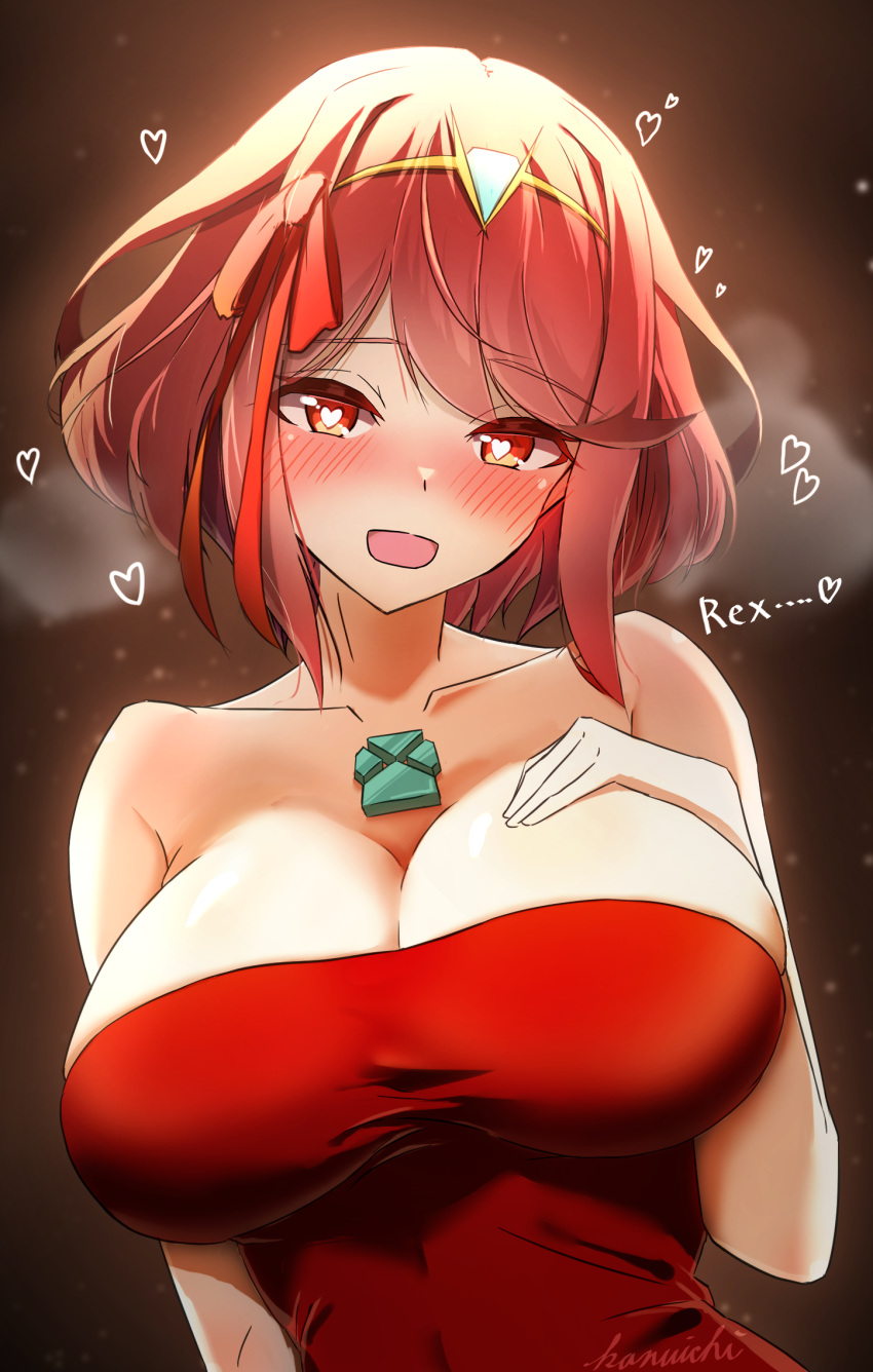 big_breasts cleavage hand_on_breast heart-shaped_pupils kanuitichrom large_breasts pyra red_dress red_hair sole_female solo_female solo_focus