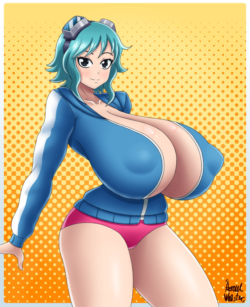 1girls azraelwebster black_eyes blue_hair breasts clothed female goggles goggles_on_head jacket massive_breasts nipple_bulge open_clothes open_jacket ramona_flowers scott_pilgrim short_hair short_shorts shorts solo solo_female thick_thighs