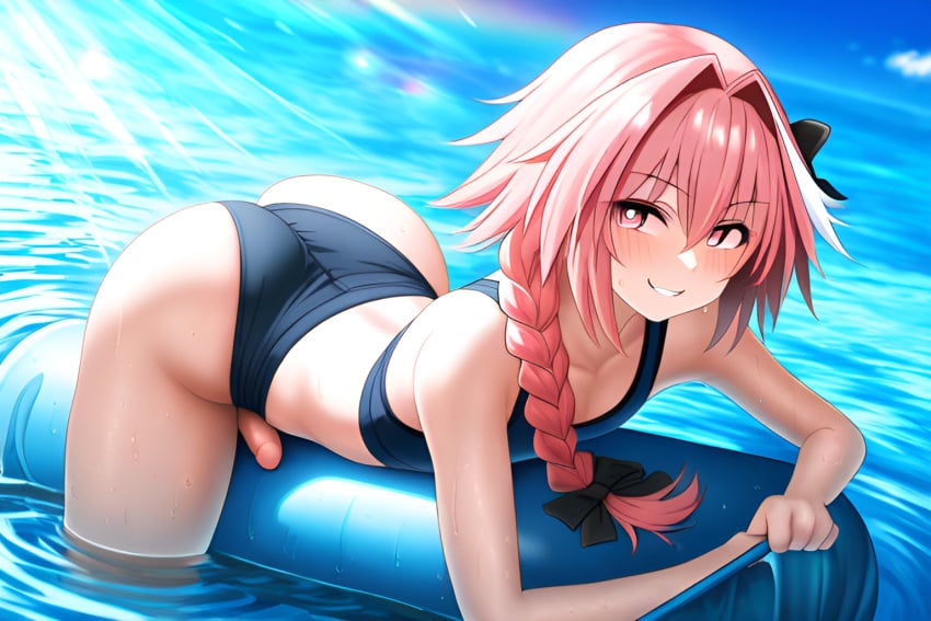 1boy a.i.ddicted ai_generated ass ass_focus astolfo_(fate) balls beach big_ass big_butt dick fate_(series) femboy feminine_male floating gay girly huge_ass huge_butt long_braid novelai ocean partially_submerged penis pink_eyes pink_hair rainbow smile smiling smiling_at_viewer teenager testicles thick_ass thick_thighs wet