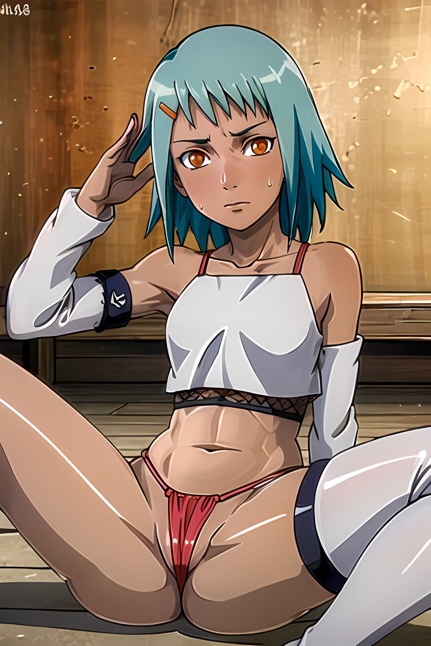 1girls ai_generated arm_warmers armlet armlets armpit armpits falling_on_floor female fishnet_topwear front_view fuu_(naruto) green_hair hairclip hand_on_hair hand_on_head looking_at_viewer midriff midriff_baring_shirt naruto naruto_(series) navel nervous nervous_sweat orange_eyes petite petite_body petite_female pixai red_panties red_thong short_hair single_thighhigh sitting sitting_on_ground skinny small_breasts spread_legs standing sweat sweatdrop sweating tan tanned tanned_female tanned_skin thighhighs thong thong_panties white_shirt white_thighhighs worried worried_expression