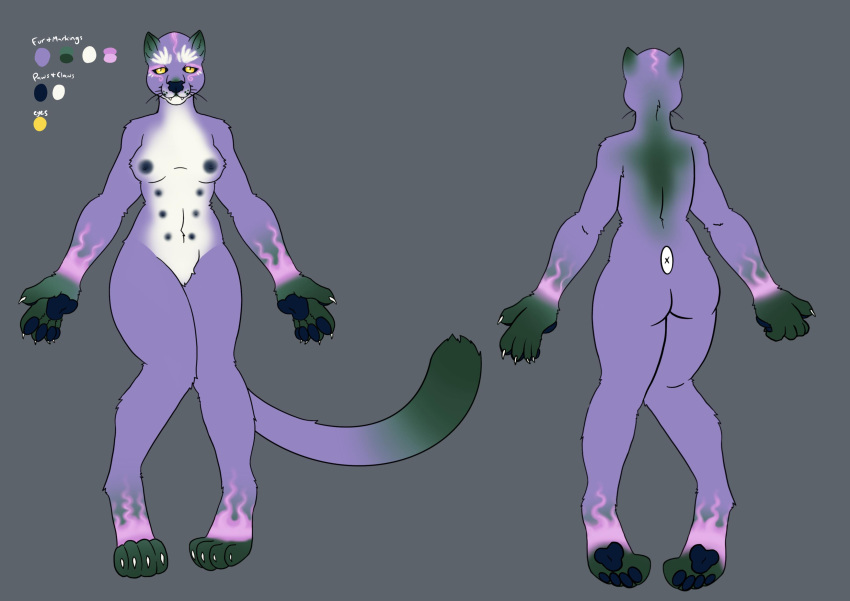 absurd_res anthro felid feline fur gynomorph hi_res intersex jaguarundi kierena_cat mammal multi_nipple nipples purple_body purple_fur reference_image solo yellow_eyes