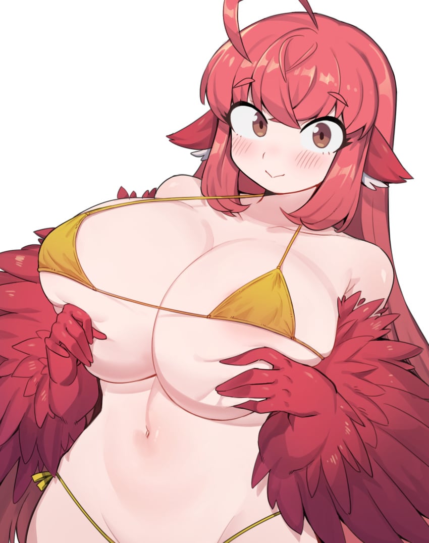 1girls animal_humanoid belly_button big_breasts bikini blush brown_eyes female harpy large_breasts nyong_nyong original red_feathers red_hair smile solo white_background white_skin