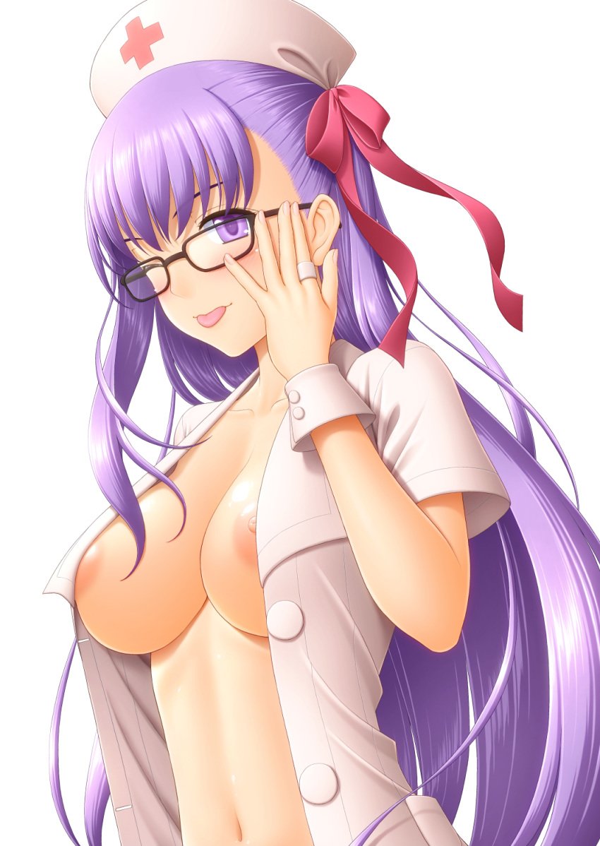 adjusting_clothes adjusting_hat alternate_costume areola_slip areolae bangs bb_(fate) bespectacled black-framed_eyewear blush breasts collarbone commentary_request eyebrows_visible_through_hair fate/extra_ccc fate/grand_order fate_(series) female glasses hair_ribbon hat highres jewelry long_hair medium_breasts navel nipple_slip nipples no_bra nurse nurse_cap one_eye_closed open_clothes pink_ribbon purple_eyes purple_hair red_cross ribbon ring short_sleeves simple_background sin-go smile solo straight_hair tongue tongue_out unbuttoned upper_body white_background wrist_cuffs