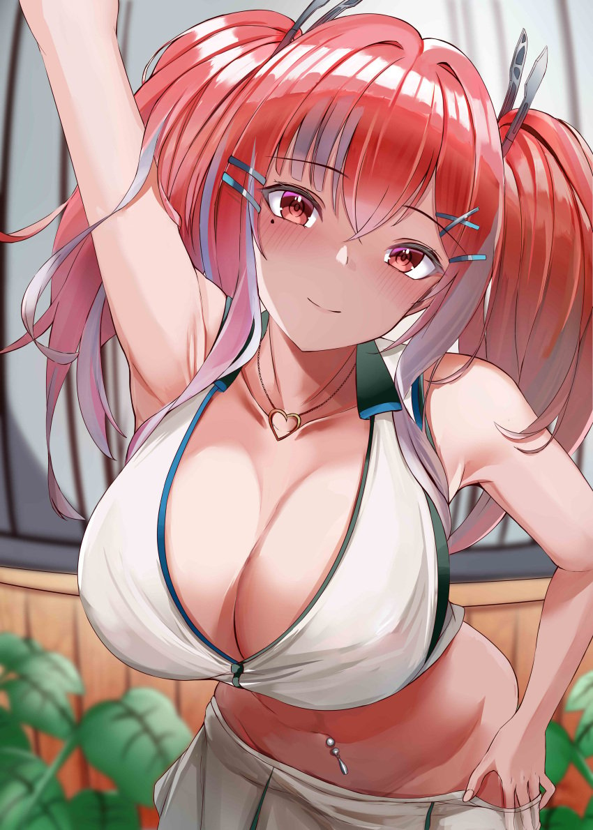 1girls absurdres arm_up azur_lane bare_shoulders blurry blurry_background blush breasts bremerton_(azur_lane) bremerton_(scorching-hot_training)_(azur_lane) cleavage closed_mouth clothes_pull collarbone commentary_request cowboy_shot crop_top crop_top_overhang eagle_union_(azur_lane) female grey_hair hair_between_eyes hair_intakes hair_ornament heart heart_necklace highres jewelry kanesada_dp large_breasts light-skinned_female light_skin long_hair looking_at_viewer mole mole_under_eye multicolored_hair navel navel_piercing necklace official_alternate_costume partial_commentary piercing pink_eyes pink_hair shirt sidelocks skirt skirt_pull sleeveless sleeveless_shirt smile solo sportswear standing stomach streaked_hair tennis_uniform twintails two-tone_hair two-tone_shirt two-tone_skirt white_shirt white_skirt x_hair_ornament