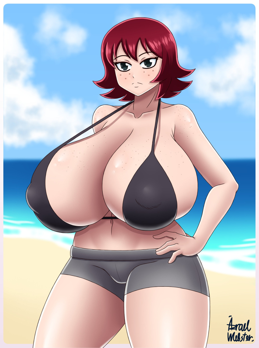 1girls azraelwebster beach bikini bikini_top black_eyes breasts female freckles freckles_on_breasts freckles_on_face freckles_on_shoulders kim_pine massive_breasts nipple_bulge red_hair scott_pilgrim seaside short_hair solo solo_female swimsuit thick_thighs