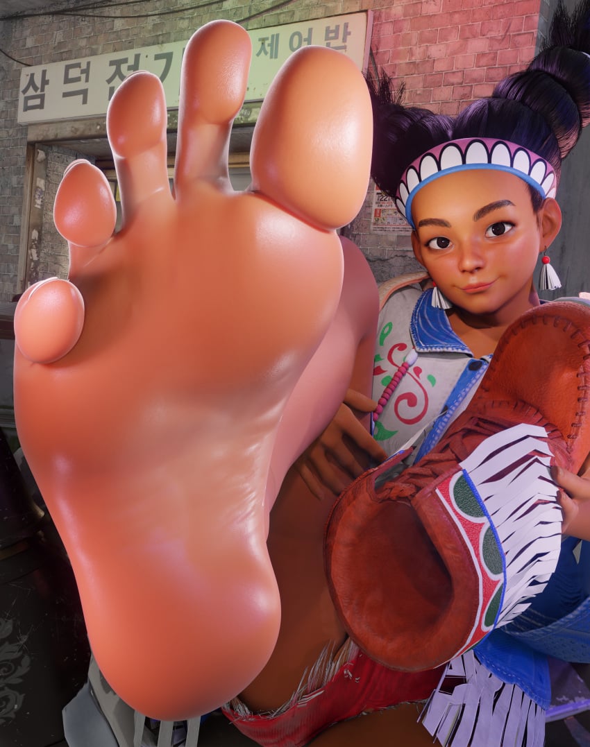 3d 3d_(artwork) alley black_hair blender brown_eyes capcom city earrings feet female foot_fetish foot_focus fully_clothed headband holding_object lily_hawk looking_at_viewer no_penetration short_shorts shorts smile soles solo solo_female street_fighter street_fighter_6 sweat sweaty_feet syclops tan_skin toes