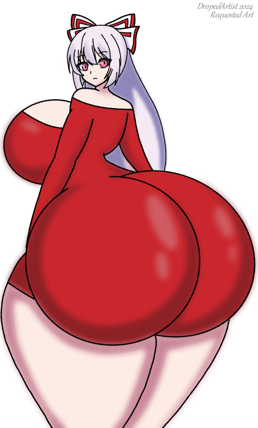 1girls ass ass_bigger_than_head ass_focus big_breasts bow bow_ribbon bubble_ass bubble_butt clothed dropedartist dumptruck_ass enormous_ass female female_only fujiwara_no_mokou huge_ass long_hair looking_at_viewer pale-skinned_female pale_skin red_eyes silver_hair solo touhou watermark