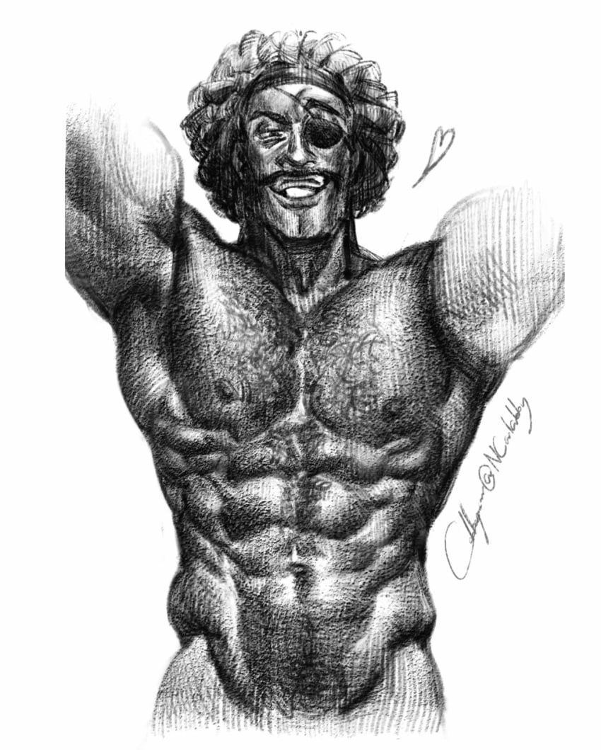 1boy 2d 2d_(artwork) abs absurd_res anatomically_correct arms_up artist_name artist_signature beard black_and_white black_hair chest chest_hair chiseled completely_naked completely_naked_male completely_nude completely_nude_male dark-skinned_male dark_skin demoman demoman_(team_fortress_2) egabbacc eyebrow_raise eyepatch facial_hair fully_nude grin hairy hairy_chest hairy_male hairy_pecs half-closed_eyes hatching_(texture) heart hi_res high_resolution highres looking_at_viewer male male_focus male_only monochrome muscles muscular muscular_male naked nipples no_color no_visible_genitalia not_colored nude nude_male one_color_background pecs pencil_(artwork) signature simple_background sketch smile smiling smiling_at_viewer solo solo_focus solo_male team_fortress_2 teeth teeth_showing teeth_visible traditional_media traditional_media_(artwork) unfinished valve white_background white_border