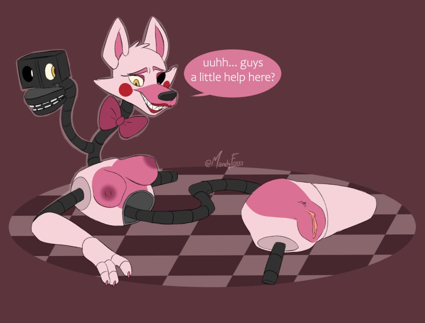 2023 animatronic anthro artist_name bow_tie breasts canid canine claws dialogue digital_drawing_(artwork) digital_media_(artwork) english_text exposed_endoskeleton eyelashes female finger_claws five_nights_at_freddy's five_nights_at_freddy's_2 fox genitals hi_res machine mammal mandyfoxy mangle_(fnaf) mangled mangled_mangle_(fnaf) multicolored_body on_ground pink_body pussy robot scottgames sharp_teeth signature smile solo teeth text two_tone_body white_body yellow_eyes