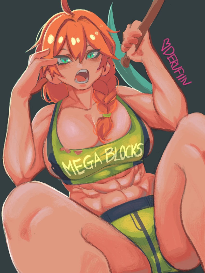1girls abs ahoge alex_(minecraft) athletic athletic_female big_breasts blush braid braided_hair breasts derufiin dutch_angle fangs female ginger ginger_hair green_eyes laying_down medium_hair minecraft muscular muscular_female orange_hair pickaxe sports_bra sportswear squatting surprised_expression thick_thighs