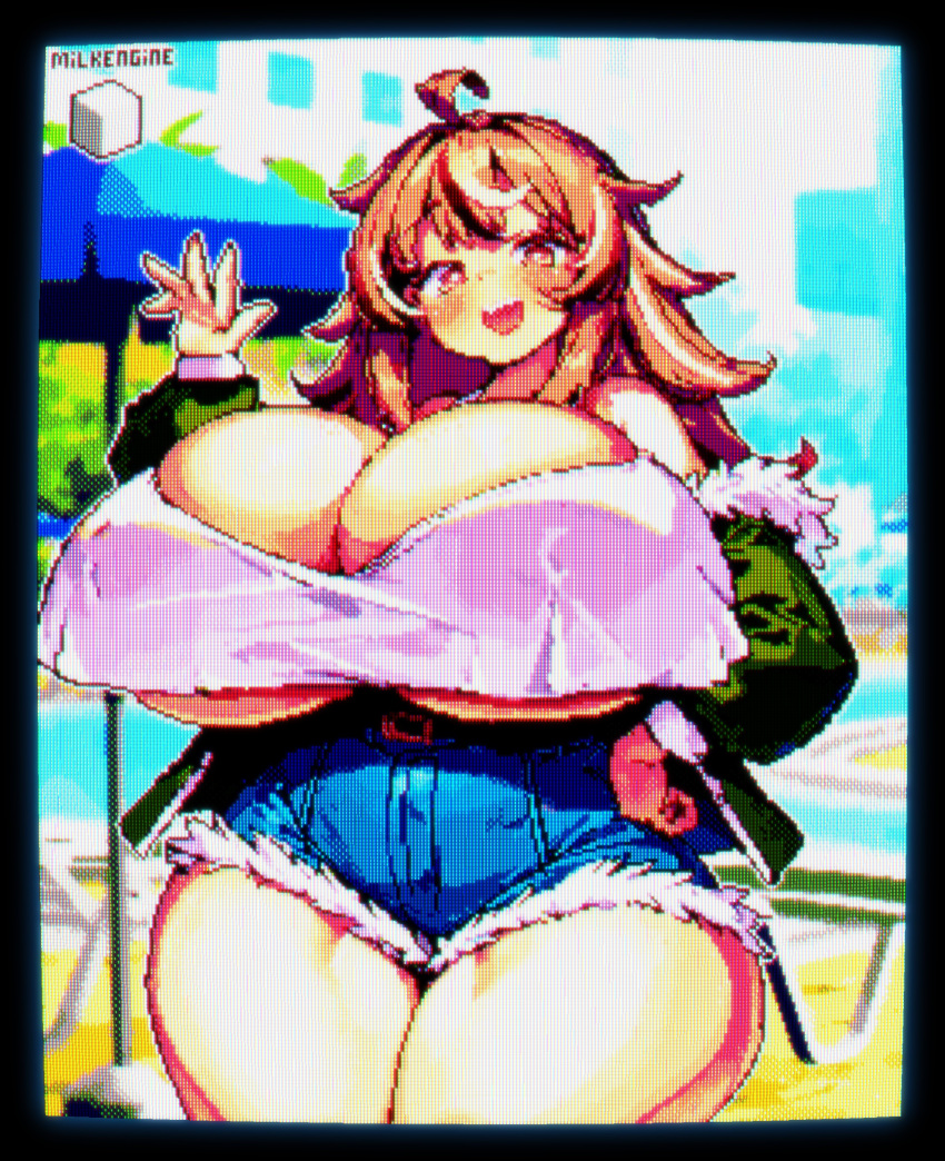 :d ahoge artist_name belt blush breasts brown_eyes brown_hair clothing cowboy_shot crt cute freckles freckles_on_breasts freckles_on_face fur_trim gigantic_breasts gigantic_thighs green_jacket hair hands_on_hips happy hyper_breasts hyper_thighs jacket jean_shorts kyosuke_fujiwara light-skinned_female light_brown_hair light_skin long_hair looking_at_viewer milk_engine multicolored_hair off_shoulder open_mouth original original_character overflowing_breasts parka pixel_art shiny_skin shirt shorts smile smiling smiling_at_viewer teeth teeth_showing thick_thighs topwear underboob venus_body waving waving_at_viewer white_shirt