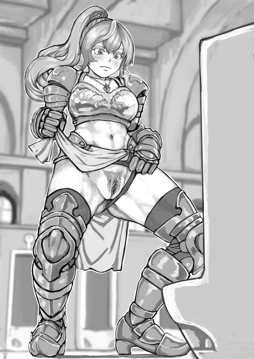 absurdres armor armored_boots bangs bathroom bikini_armor blush boots breastplate censored closed_mouth collarbone dodomesu female female full_body gauntlets gluteal_fold greyscale hand_up high_ponytail highres indoors jewelry knight lifted_by_self loincloth long_hair looking_down midriff monochrome mosaic_censoring navel necklace original outline panties panties_aside pelvic_curtain pubic_hair pussy shiny shiny_hair shoulder_armor solo spread_legs standing sweat thighhighs tied_hair toned underwear urinal white_outline