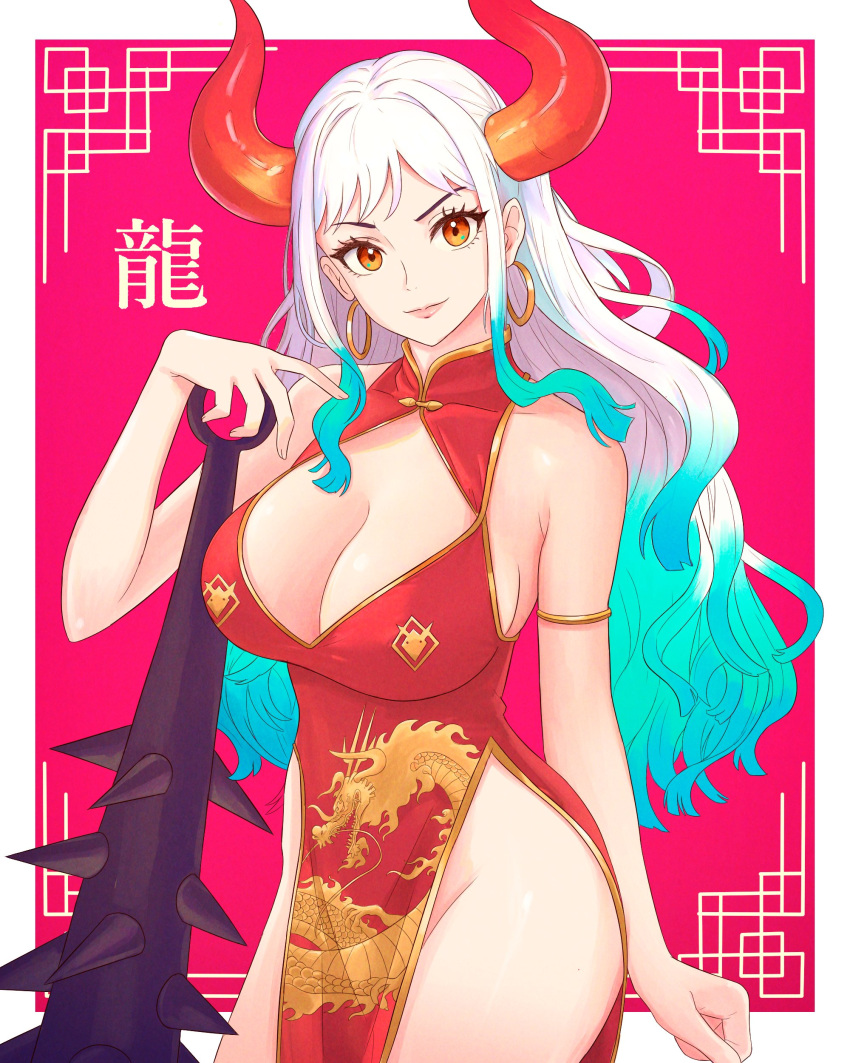 1girls china_dress chinese_clothes chinese_zodiac cleavage female female_only horns kanabou one_piece oni oni_female oni_horns solo_female solo_focus truejekart white_hair yamato_(one_piece) youkai