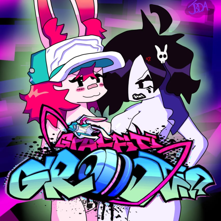 2d 2girls black_eyes black_lips breast_press breasts_against_breasts cap censored censored_breasts dark_hair female friday_night_funkin friday_night_funkin_mod furry furry_only graffiti_groovin' hat logo mora_(graffiti_groovin) mora_bunny multiple_girls pink_nipples rabbit rabbit_girl rabbit_humanoid rabbit_tail red_hair siblings sisters skarlet_bunny white_body