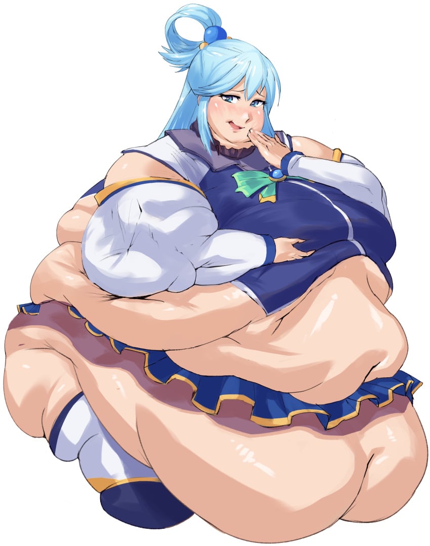 1girls aqua_(konosuba) bamboo_ale bbw belly_button belly_overhang big_belly big_breasts fat_rolls female female_only ill_fitting_clothing kono_subarashii_sekai_ni_shukufuku_wo! massive_belly morbidly_obese morbidly_obese_female solo ssbbw weight_gain