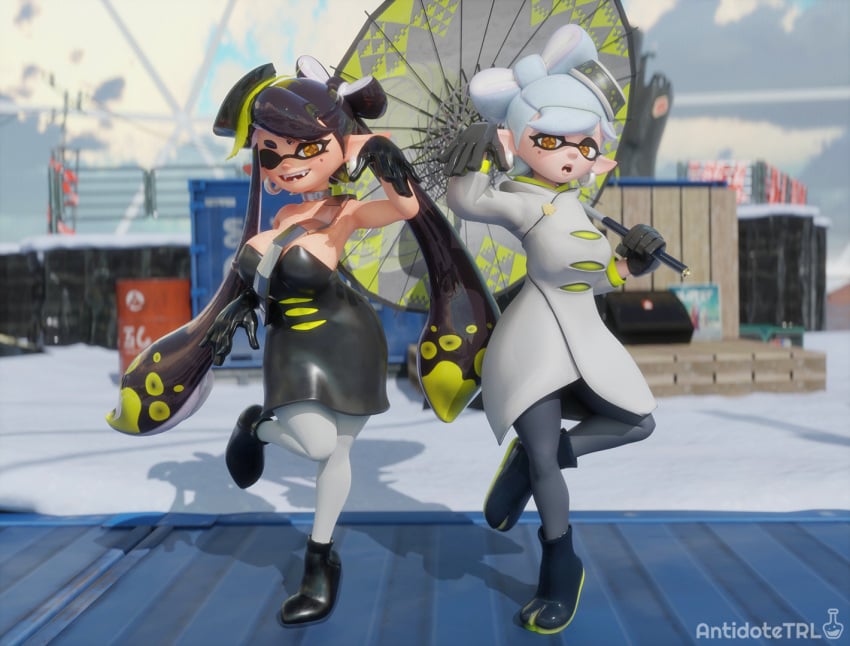 2girls 3d 3d_(artwork) antidotetrl big_ass big_breasts boob_window callie_(alterna) callie_(splatoon) casual clothed female female_only inkling_girl marie_(alterna) marie_(splatoon) marie_(wo262) nintendo no_bra sideboob splatoon splatoon_3 splatoon_3:_return_of_the_mammalians squid_sisters strapless_dress teasing