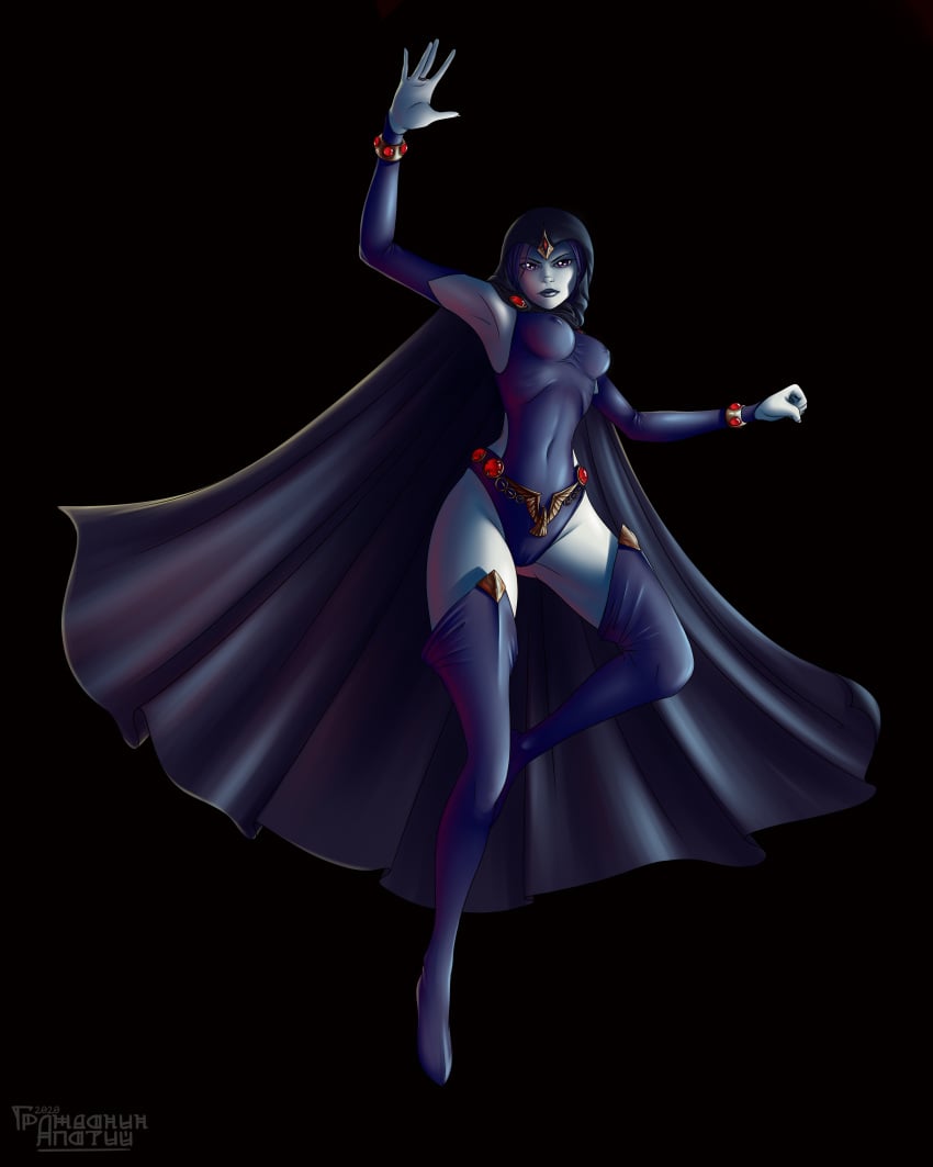 1girls black_background cloak dc dc_comics erect_nipples female female_only grazhdanin_apatiy grey_skin hood purple_eyes purple_hair raven_(dc) solo superheroine teen_titans tight_suit