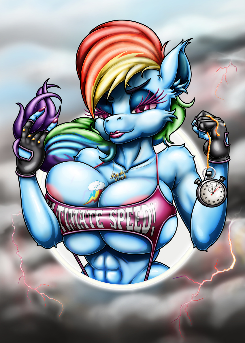 absurd_res anthro areola areola_slip big_breasts breasts cleavage clock clothed clothing equid equine female friendship_is_magic happyanthro hasbro hi_res mammal muscular my_little_pony rainbow_dash_(mlp) watch