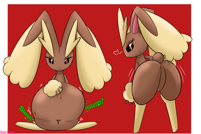 ass beige_body beige_fur belly_bulge bestponies big_belly big_butt black_eyes brown_body brown_fur bunny digestion digestion_noises eyelashes female female_pred furry generation_4_pokemon heart lopunny mooning pink_eyes pink_pupils pokémon_(species) pokemon pokemon_(species) post-vore rabbit red_background stomach_noises tagme vore weight_gain