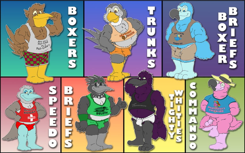 anthro archie_(brucebadger) avian barefoot beak bird black_beak black_clothing black_shirt black_tank_top black_topwear blue-footed_booby blue_beak blue_clothing blue_shirt blue_t-shirt blue_topwear booby_(bird) bottomless boxer_briefs boxers_(clothing) briefs brown_pelican brucebadger checkered_boxers clothed clothing columbid common_loon corvid corvus_(genus) dodo eyewear feet flamingo gavin_(brucebadger) gesture glasses great_grey_owl green_boxers green_briefs green_clothing green_shirt green_tank_top green_topwear green_underwear grey_beak grey_boxer_briefs grey_clothing grey_shirt grey_tank_top grey_topwear grey_underwear gripp_(brucebadger) group hand_behind_head hat headgear headwear hi_res jacques_(brucebadger) male orange_beak orange_clothing orange_shirt orange_tank_top orange_topwear orange_trunks orange_underwear oscine owl passerine pelecaniform pelican pink_beak raphus_(brucebadger) raven red_boxers red_clothing red_shirt red_speedo red_swimwear red_tank_top red_topwear red_underwear rosie_(brucebadger) shirt smile sonny_(brucebadger) speedo strix_(genus) sulid sunglasses swimming_trunks swimwear t-shirt tank_top thumbs_up tighty_whities topwear true_owl underwear white_briefs white_clothing white_shirt white_tank_top white_topwear white_underwear yellow_beak