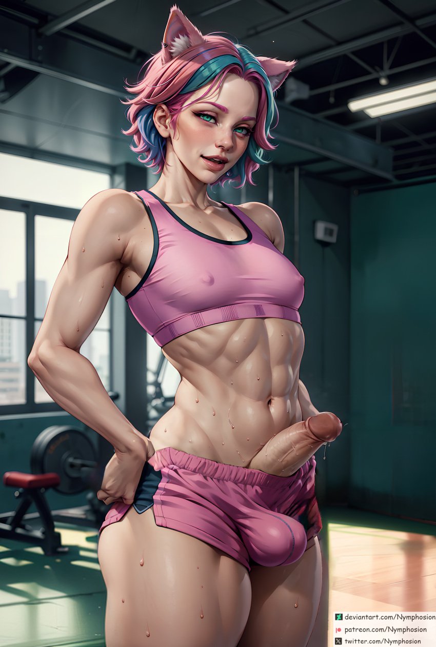 1boy abs ai_generated androgynous blue_hair blush bulge crop_top cute_male exercise femboy fit green_eyes gym gym_shorts horny lowering_pants lustful_gaze male male_only muscular nymphosion penis pink_hair public public_exposure pulling_down_pants seductive solo sweat sweatdrop sweating sweaty_balls testicle_bulge testicles zera_starlot